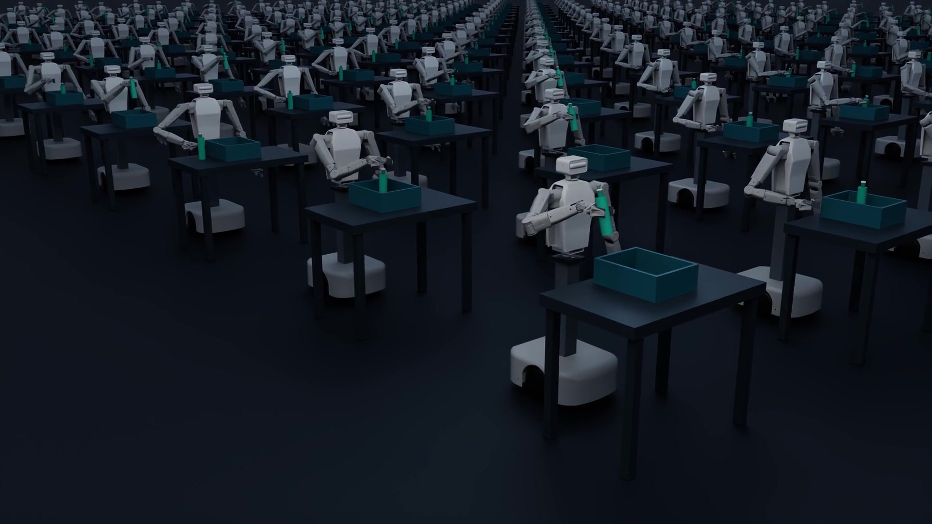Rendered T3 robot fleet at parallel pick-and-place stations